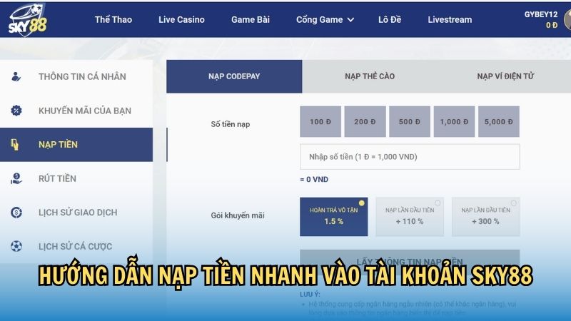 Hướng dẫn nạp tiền nhanh vào tài khoản sky88